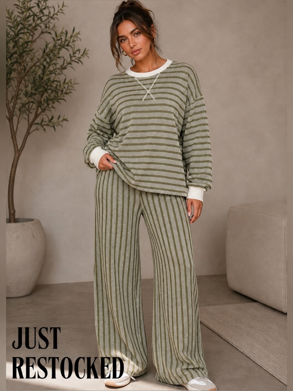 956. Women's Wide-Leg Ribbed Light Olive Green Stripe Lounge Top and Pants Set